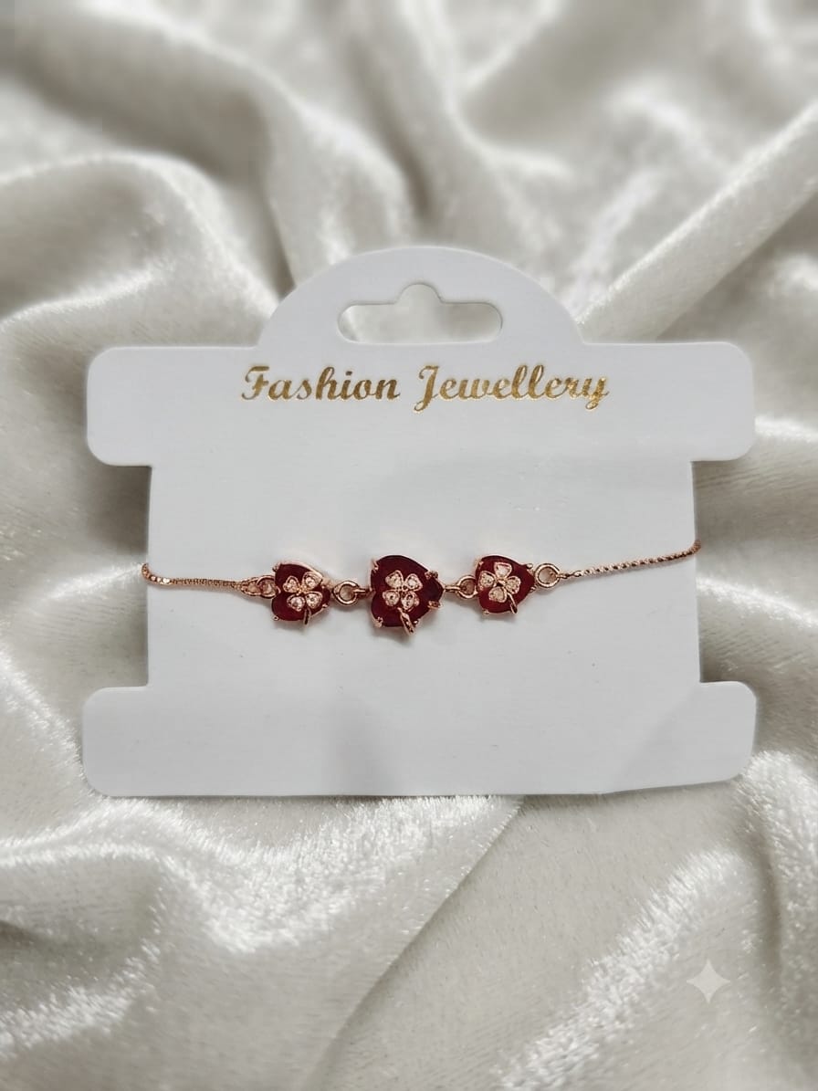 Burgundy Three-Flower Rose-Gold-Tone Chain Bracelet