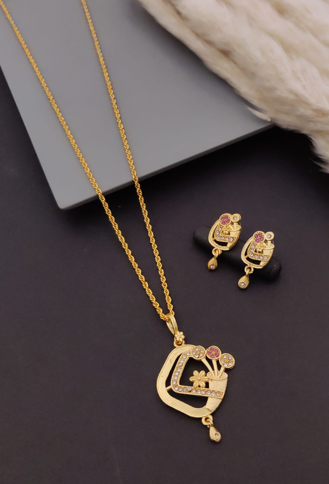 Gold-Tone Geometric Floral Pendant & Drop Earrings Set