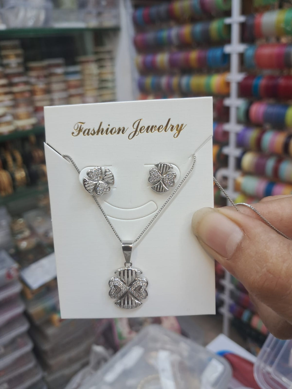 Silver-Tone Four-Petal Pendant & Stud Earrings Set