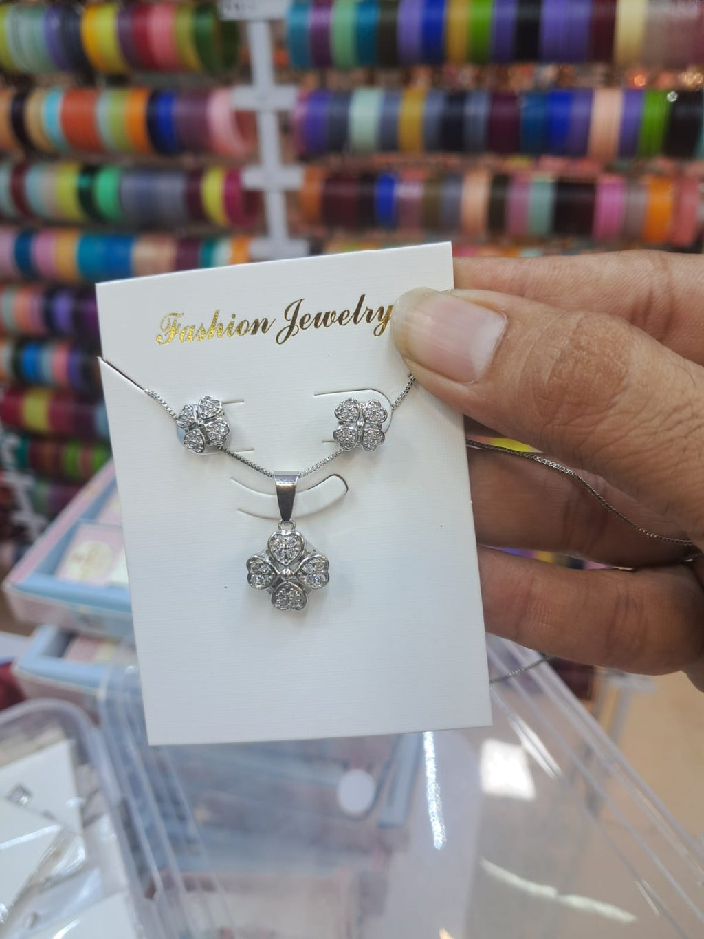 Silver-Tone Sparkling Floral Pendant & Stud Set