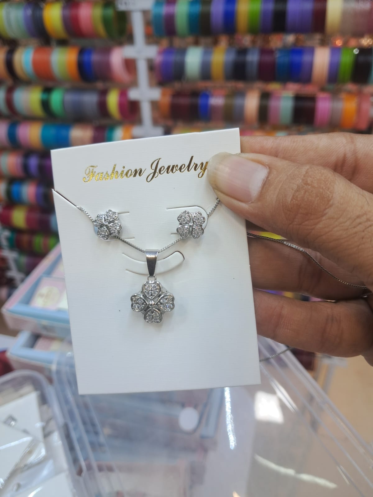 Silver-Tone Sparkling Floral Pendant & Stud Set