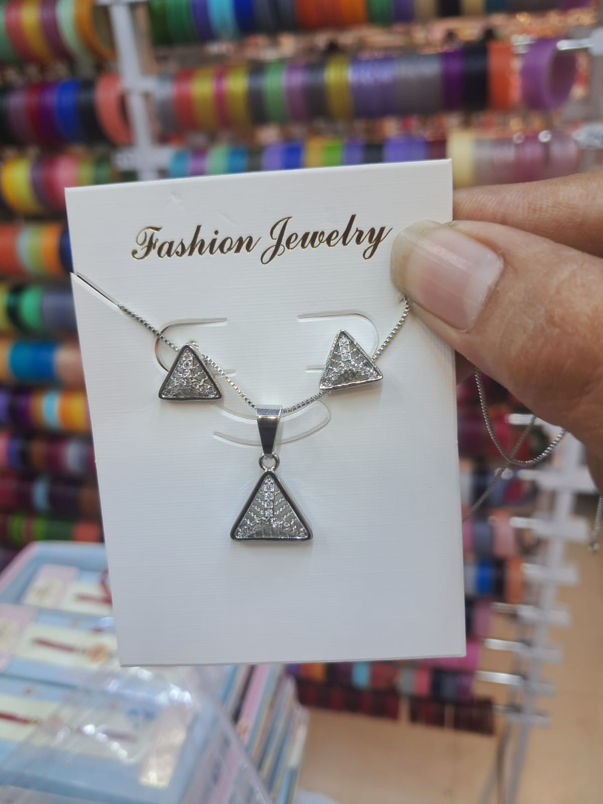 Silver-Tone Triangle Pendant & Stud Earrings Set