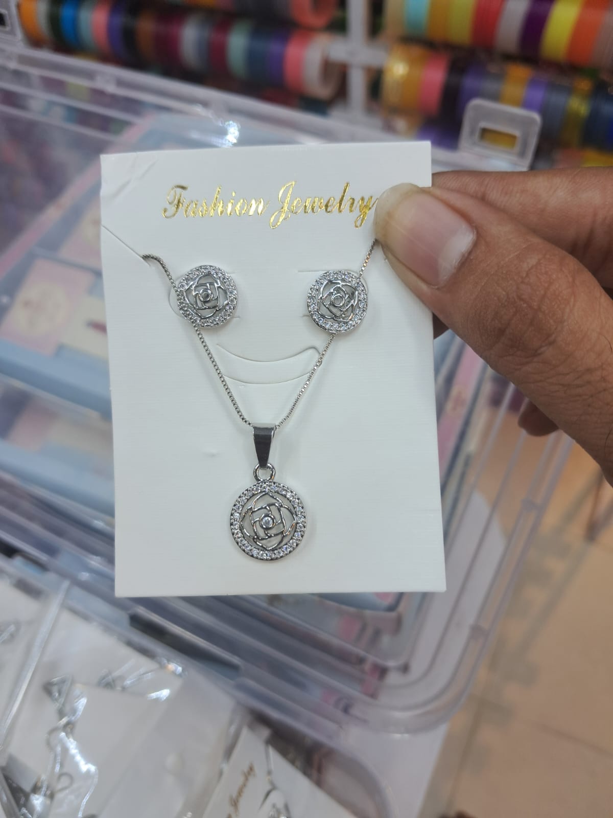 Silver-Tone Rose Circle Pendant & Stud Earrings Set