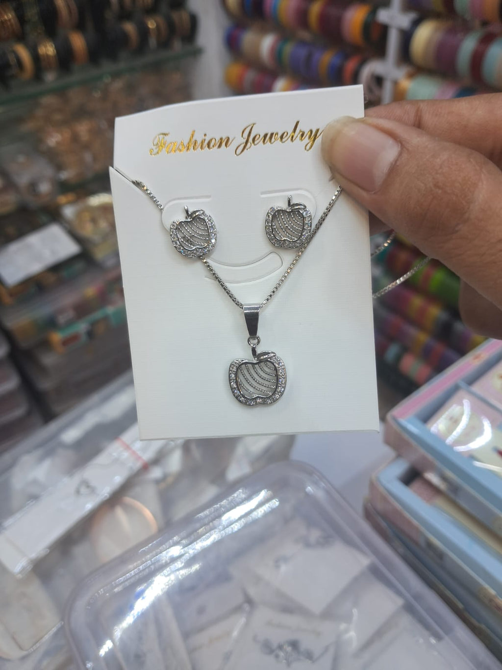 Silver-Tone Apple Pendant & Stud Earrings Set