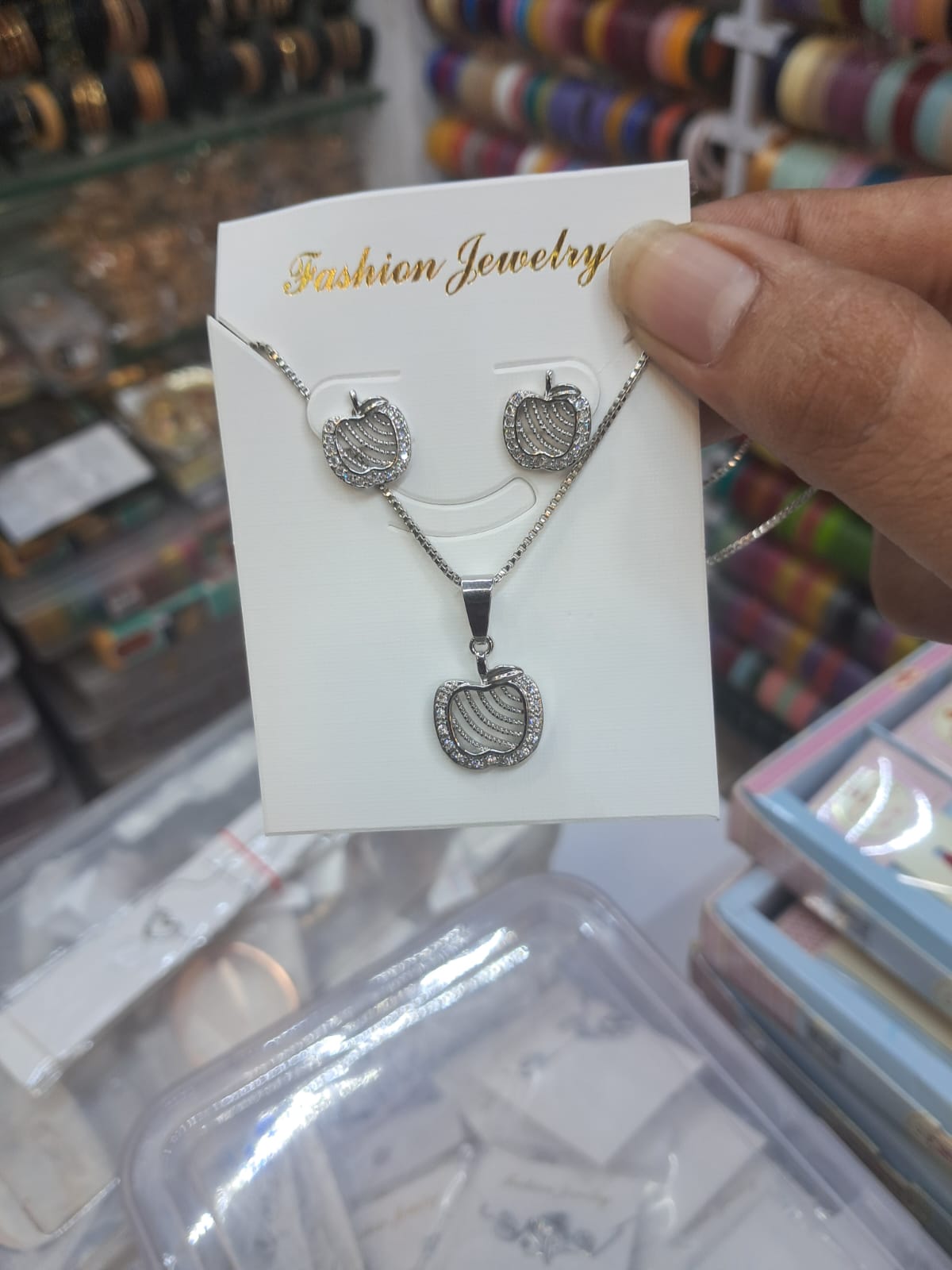 Silver-Tone Apple Pendant & Stud Earrings Set