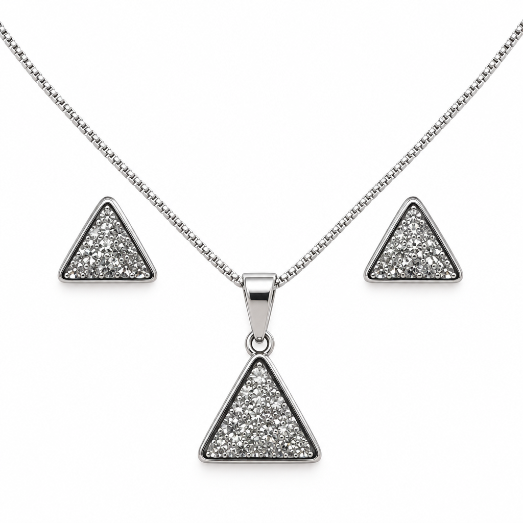 Silver-tone triangular pendant necklace and matching triangle studs on white background