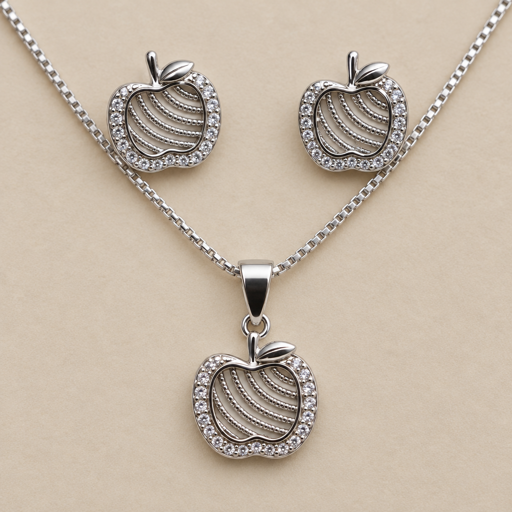 Close view of silver-tone apple pendant and matching studs with curved stripes