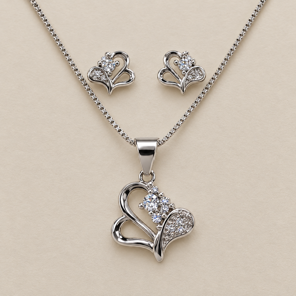Close view of silver-tone heart-shaped pendant and matching earrings