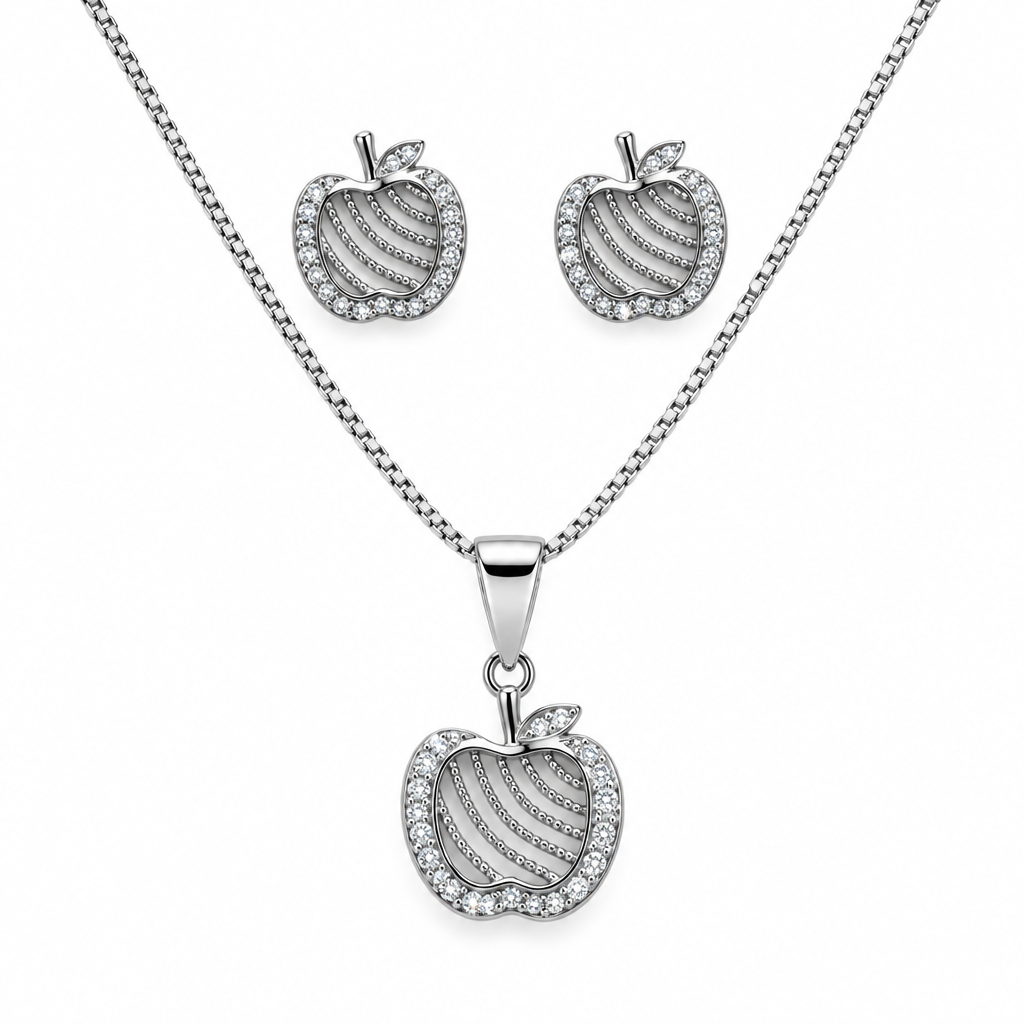 Silver-tone apple pendant necklace and matching studs on white