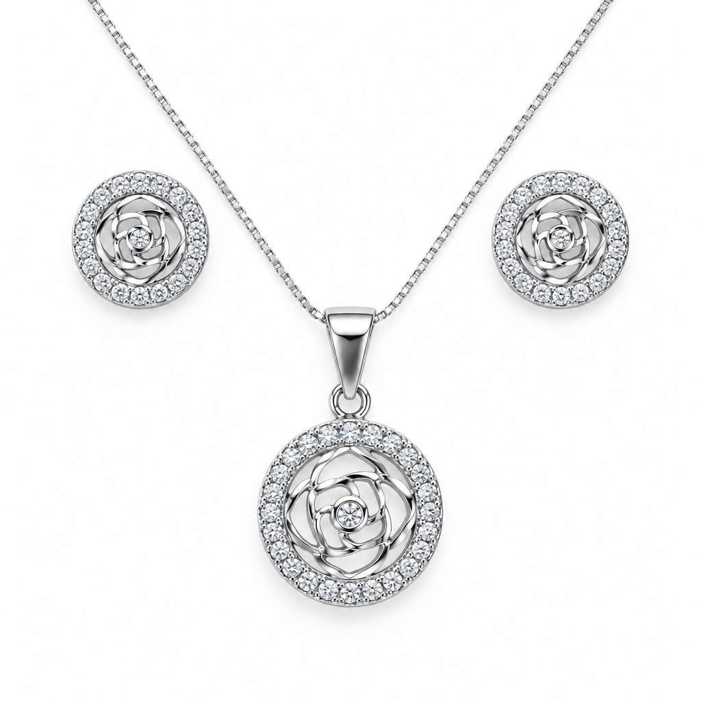 Silver-tone round rose pendant necklace and matching studs on white