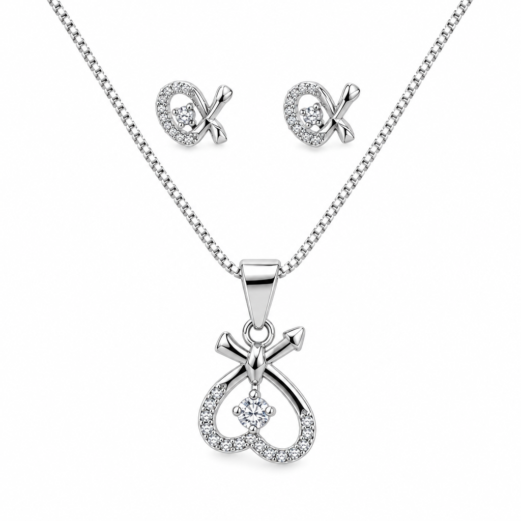 Silver-tone heart-loop pendant and matching stud earrings on a white background