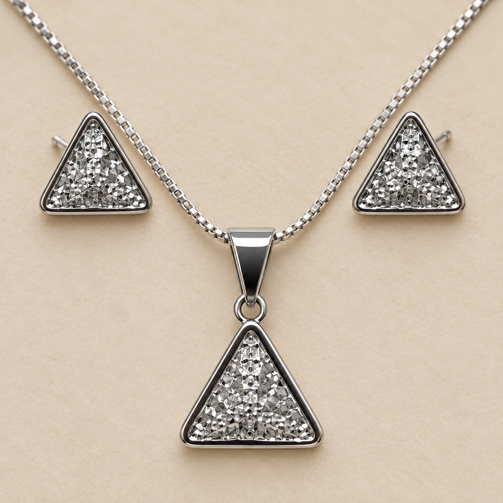 Close-up of silver-tone triangular pendant and matching textured stud earrings