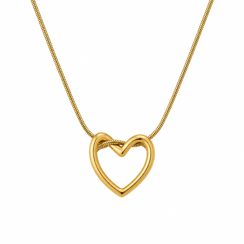 Gold-tone open heart pendant necklace on a white background