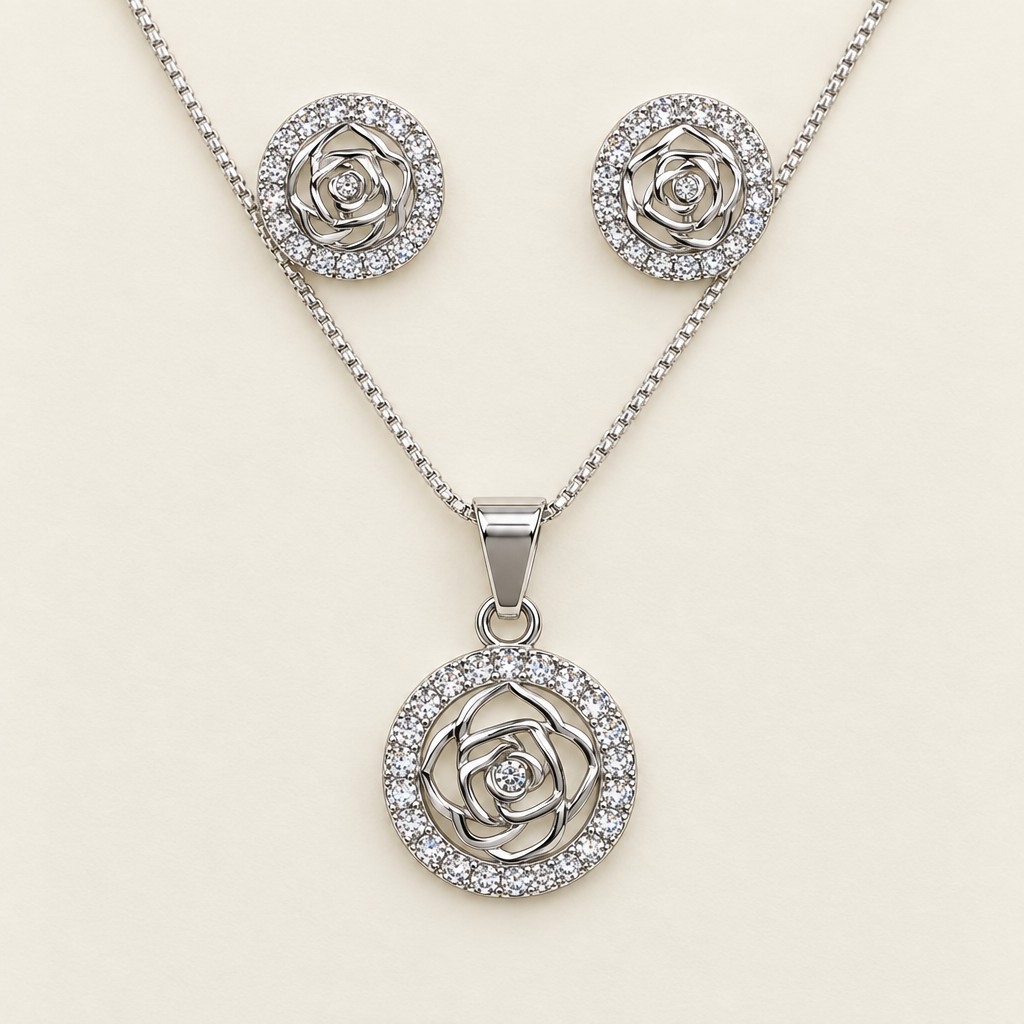 Close view of rose motif pendant and round stud earrings with light-catching borders