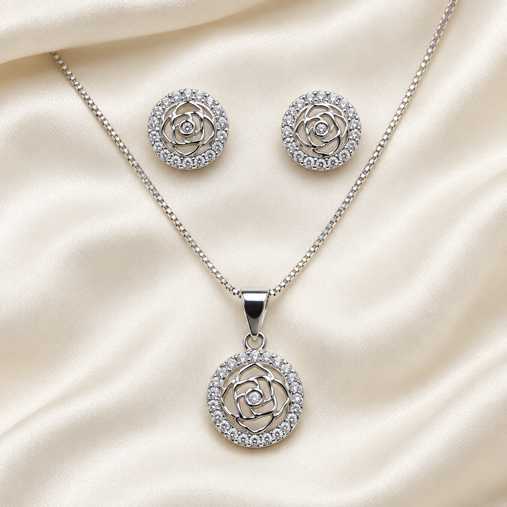 Silver-tone rose pendant necklace and matching circular studs on ivory fabric